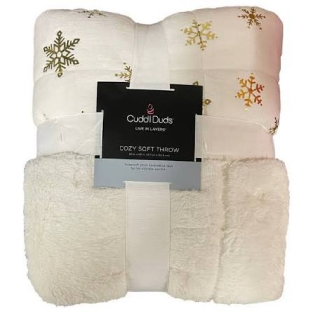 Cuddl Duds Plush Holiday Throw - White with Gold Snowflakes
